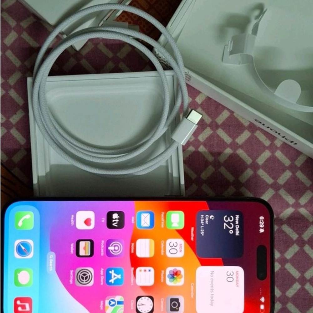 Apple Black iPhone 16 Pro Max with White Braided USB-C Cable